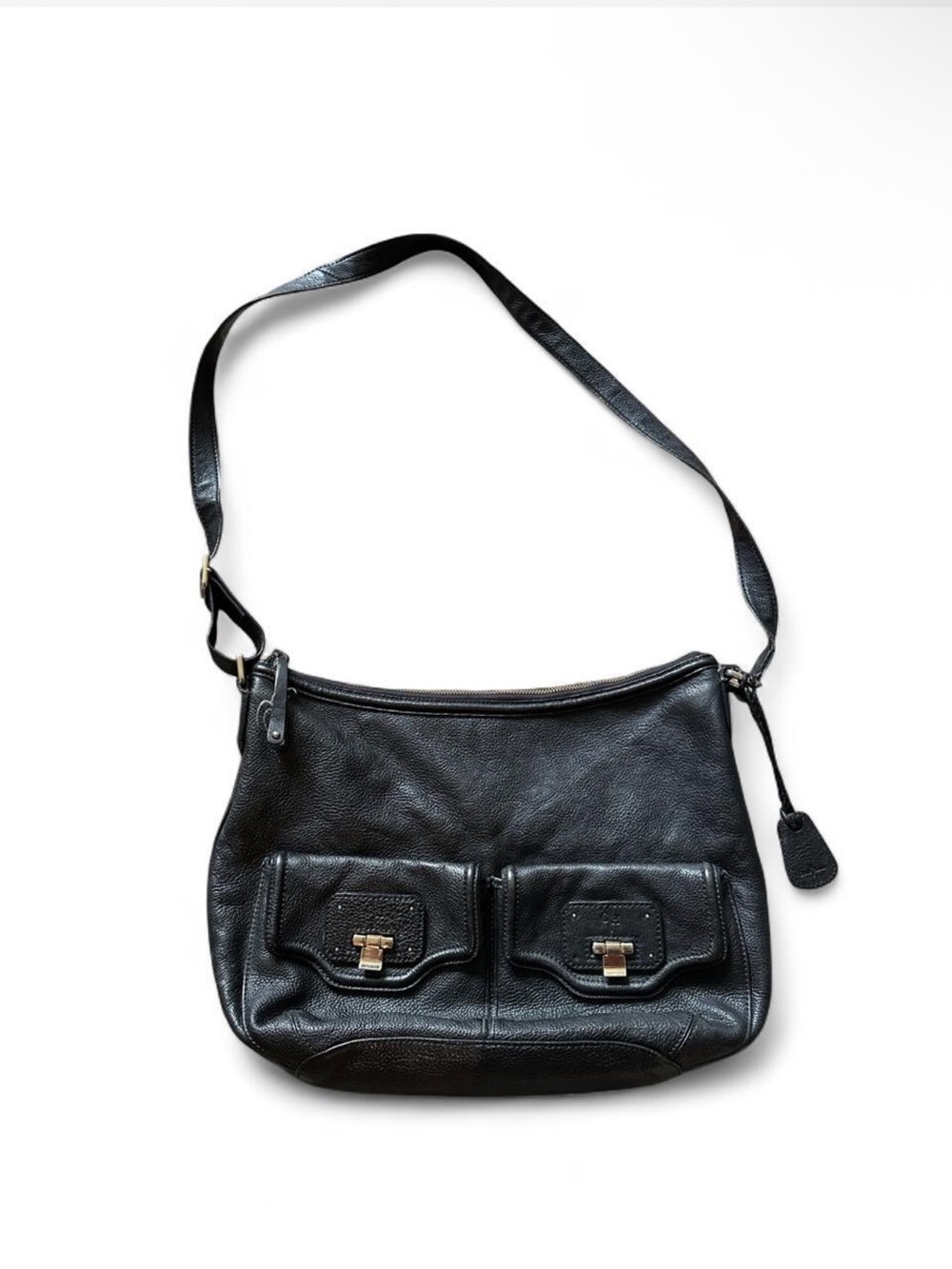 Women’s cole haan Black Leather Shoulder Bag with Double Front Pockets